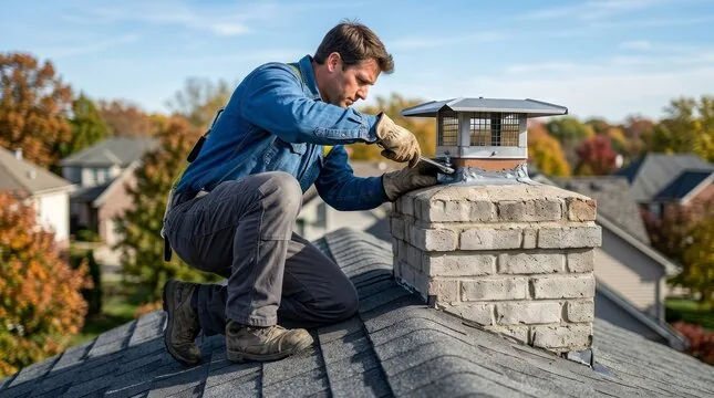 Technician fastening a stainless cap onto a painted chimney top on a shingle roof
