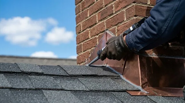 Sealing new copper flashing around a brick chimney on a shingle roof