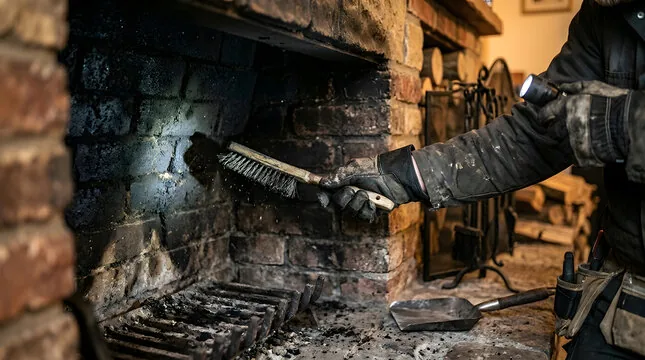 Brushing a sooty firebox clean