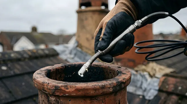 Camera on a cable lowered into a sooty clay chimney pot