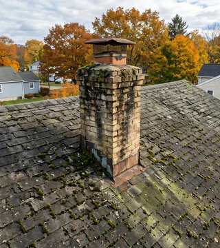 Before: damp, mossy chimney with stained brick and a worn roof
