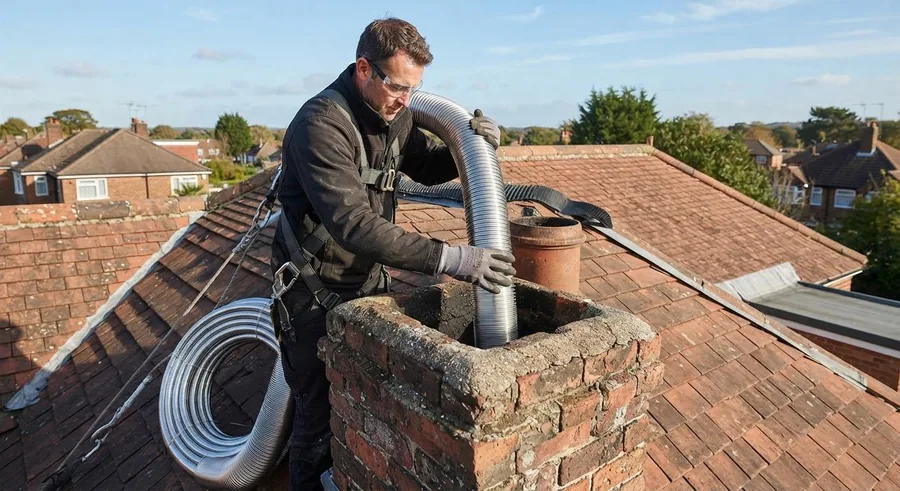 Technician in a harness feeding a stainless liner into a brick chimney on a tile roof