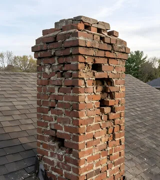 Before: cracked brick chimney with missing bricks and gaping joints