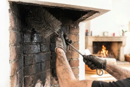 Wire brush cleaning a brick firebox